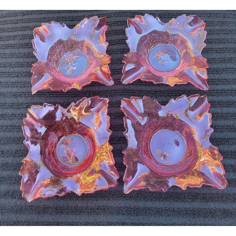 Hand Blown Cranberry Crackle Art Glass Ruffled Edge Bowls - Set of 4 - 1950s